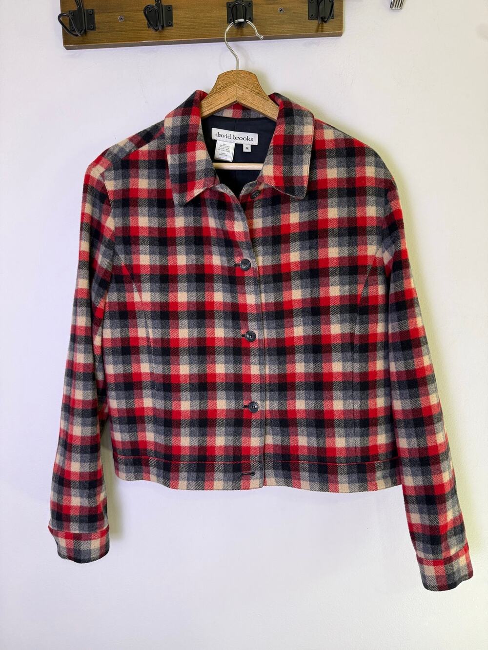 Vintage David Brooks Plaid Wool Blend Cropped Jacket Womens M Red Preppy 90s